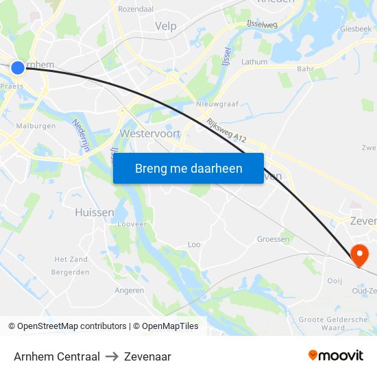 Arnhem Centraal to Zevenaar map