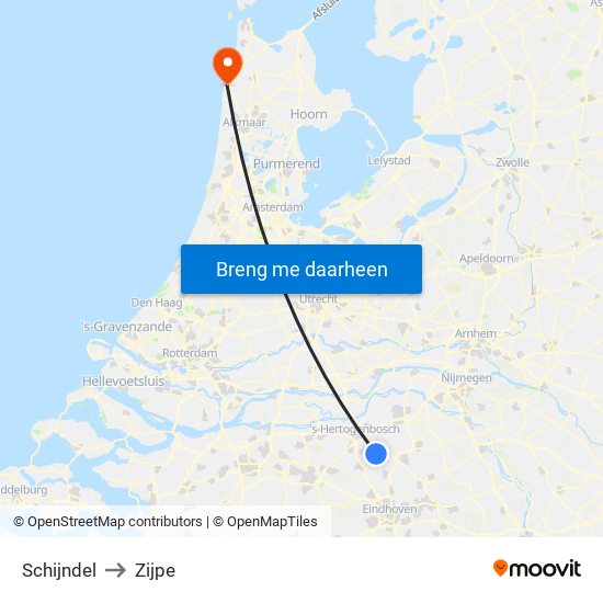Schijndel to Zijpe map