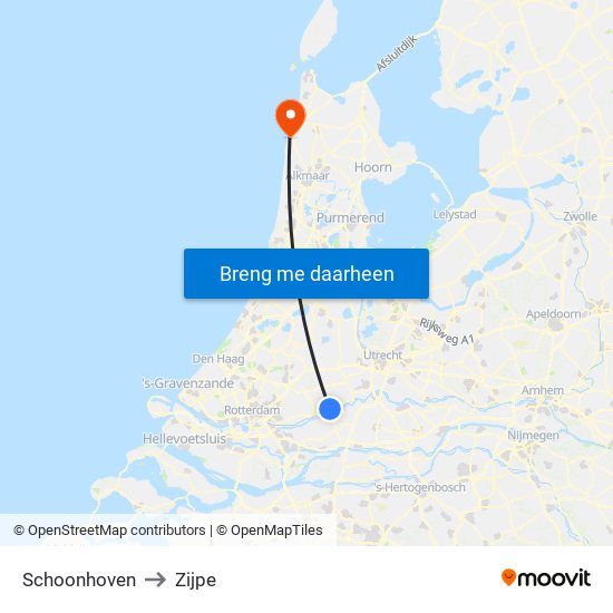 Schoonhoven to Zijpe map