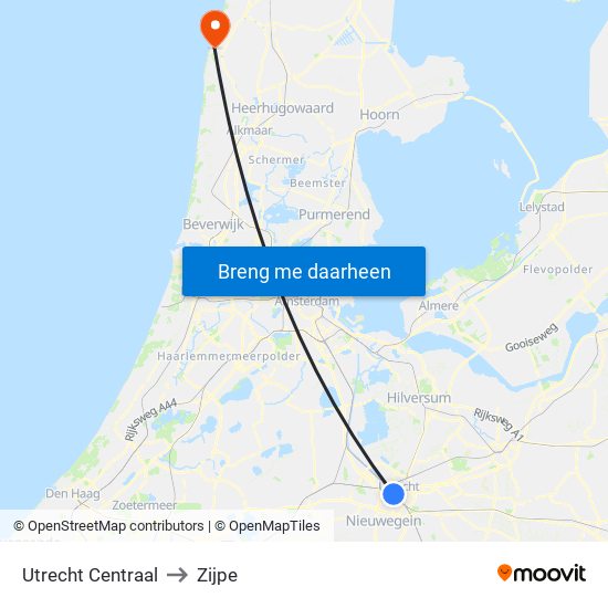 Utrecht Centraal to Zijpe map