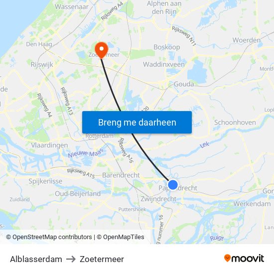 Alblasserdam to Zoetermeer map