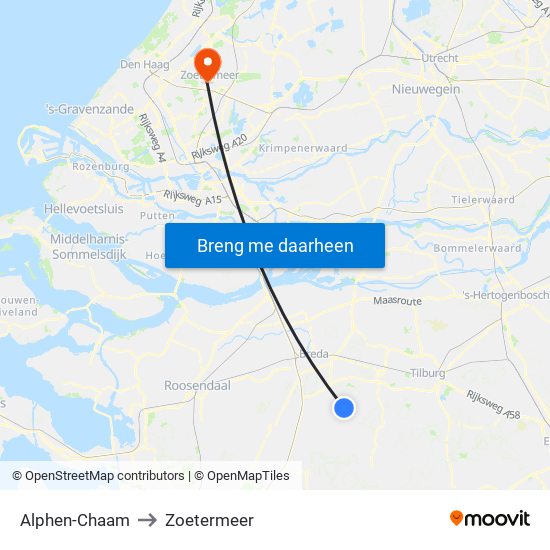 Alphen-Chaam to Zoetermeer map