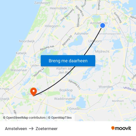 Amstelveen to Zoetermeer map