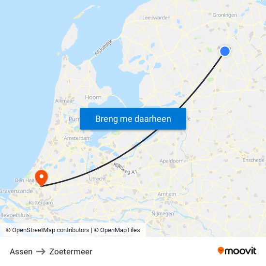 Assen to Zoetermeer map