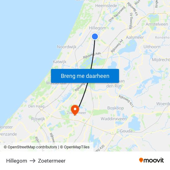 Hillegom to Zoetermeer map