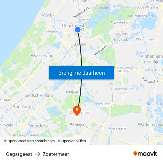 Oegstgeest to Zoetermeer map
