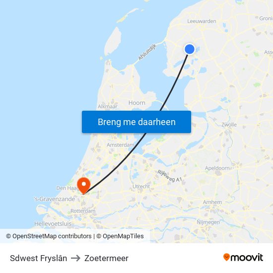 Sdwest Fryslân to Zoetermeer map