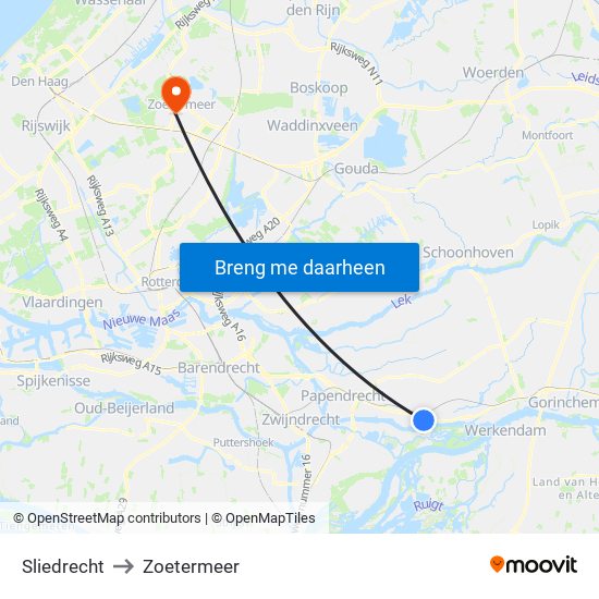 Sliedrecht to Zoetermeer map