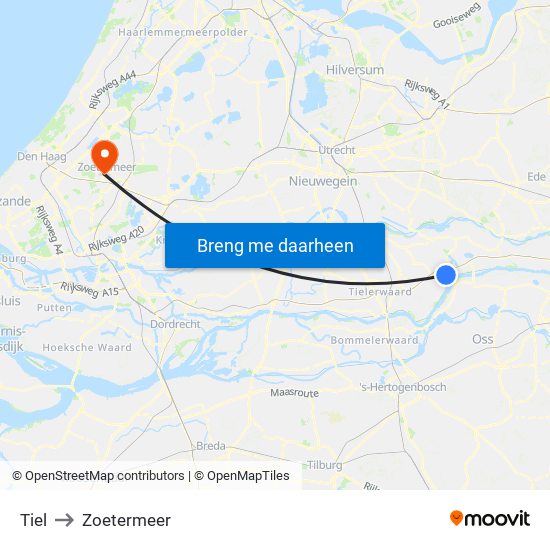 Tiel to Zoetermeer map