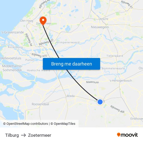 Tilburg to Zoetermeer map