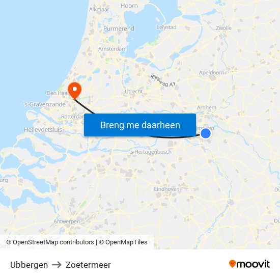 Ubbergen to Zoetermeer map
