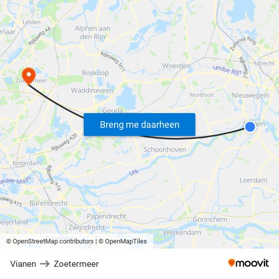 Vianen to Zoetermeer map