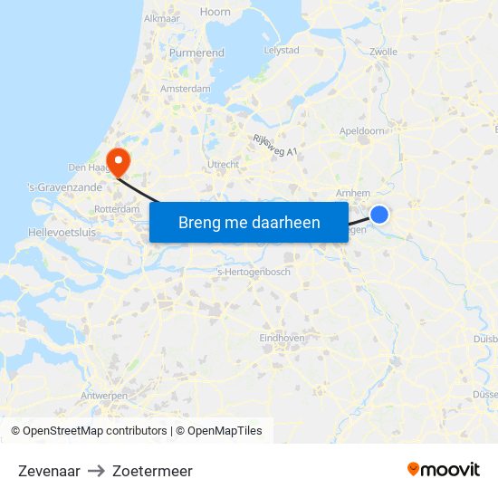 Zevenaar to Zoetermeer map