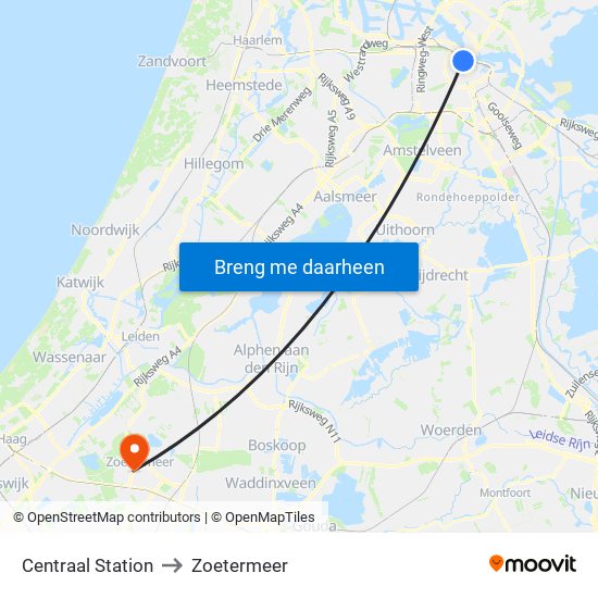 Centraal Station to Zoetermeer map