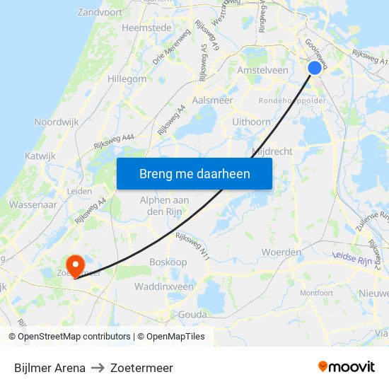 Bijlmer Arena to Zoetermeer map