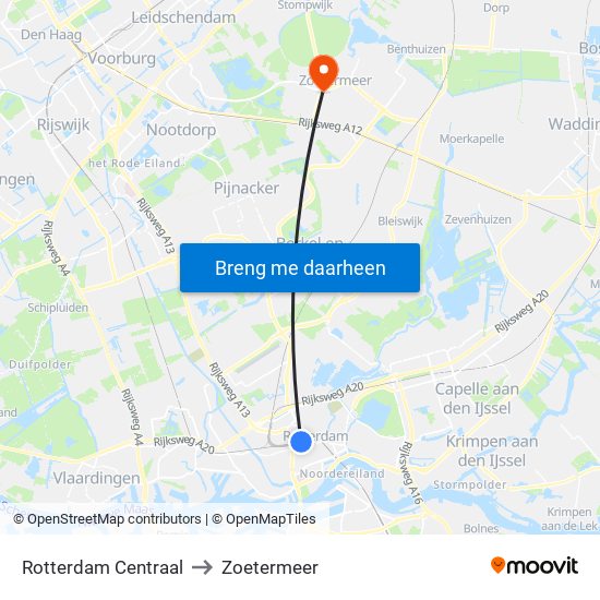 Rotterdam Centraal to Zoetermeer map