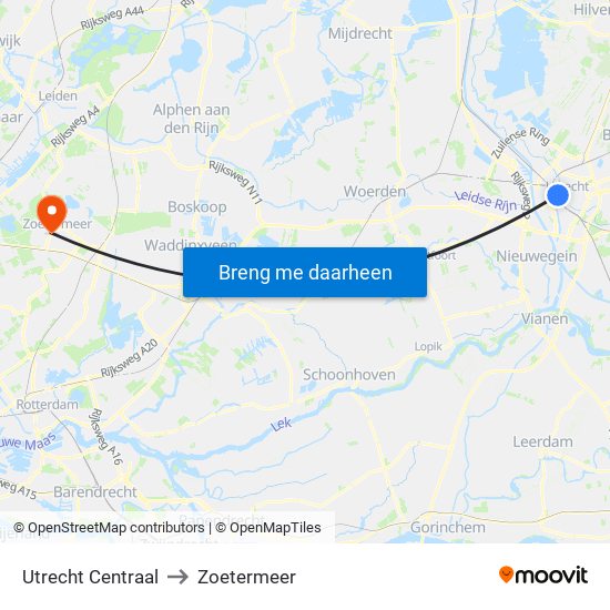 Utrecht Centraal to Zoetermeer map