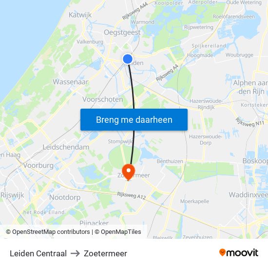 Leiden Centraal to Zoetermeer map