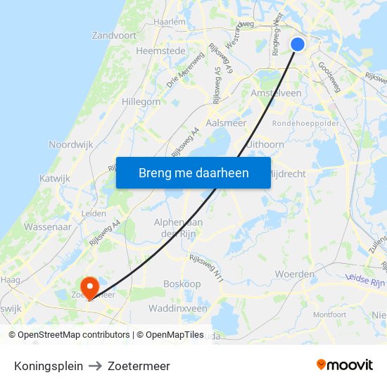 Koningsplein to Zoetermeer map