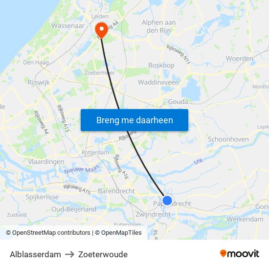 Alblasserdam to Zoeterwoude map