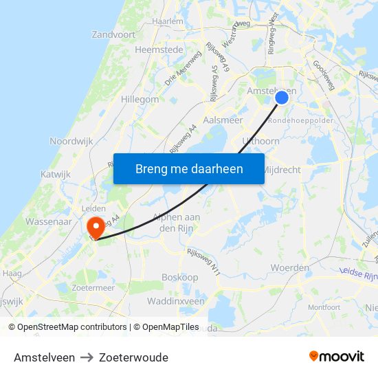 Amstelveen to Zoeterwoude map