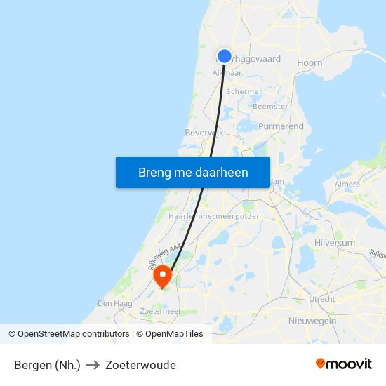 Bergen (Nh.) to Zoeterwoude map