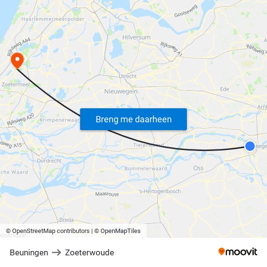 Beuningen to Zoeterwoude map