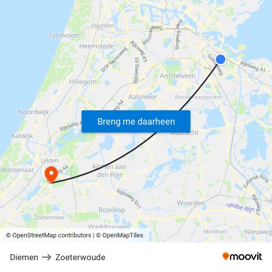 Diemen to Zoeterwoude map