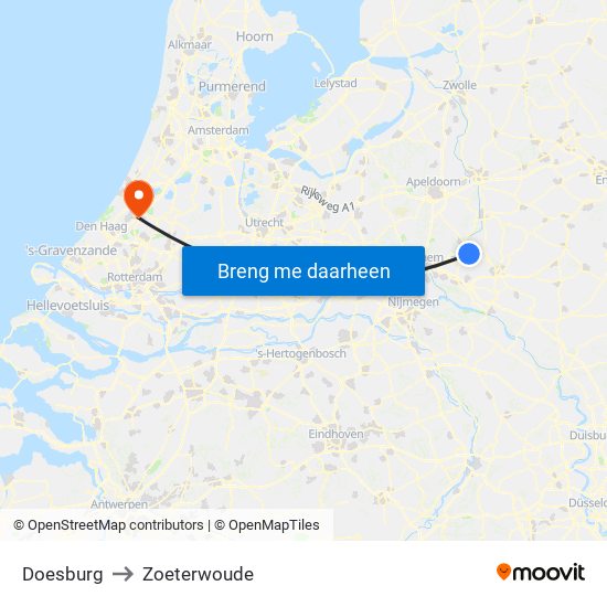 Doesburg to Zoeterwoude map
