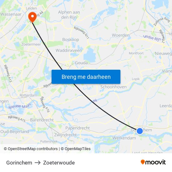 Gorinchem to Zoeterwoude map