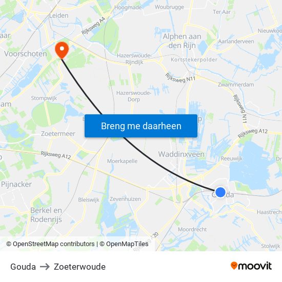 Gouda to Zoeterwoude map