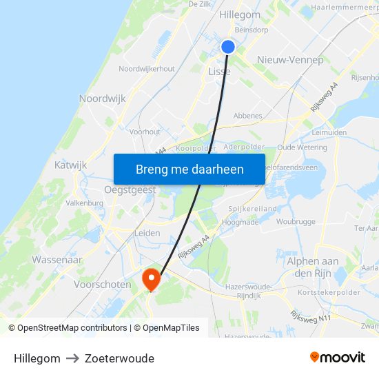 Hillegom to Zoeterwoude map