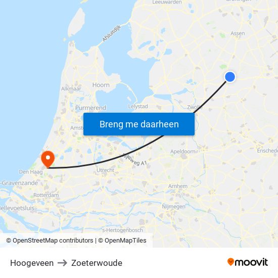 Hoogeveen to Zoeterwoude map