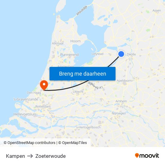 Kampen to Zoeterwoude map