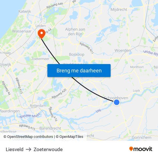 Liesveld to Zoeterwoude map