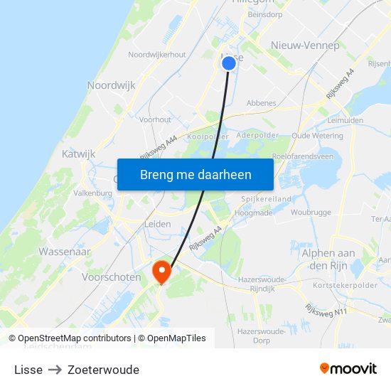 Lisse to Zoeterwoude map