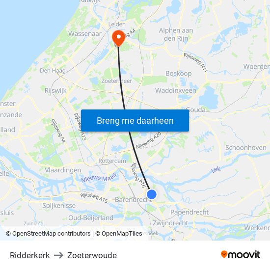 Ridderkerk to Zoeterwoude map