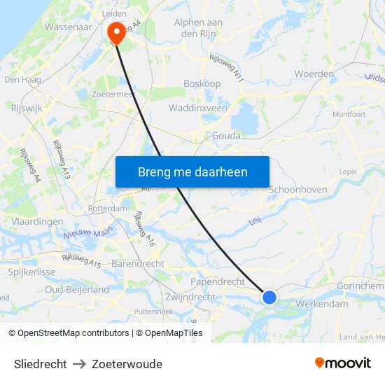 Sliedrecht to Zoeterwoude map