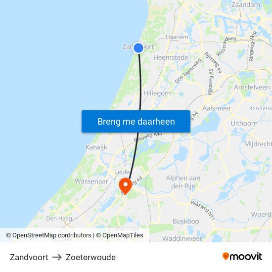 Zandvoort to Zoeterwoude map