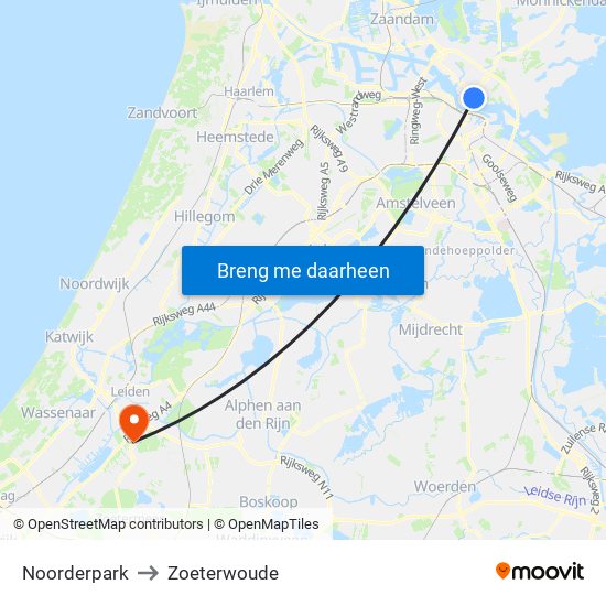 Noorderpark to Zoeterwoude map