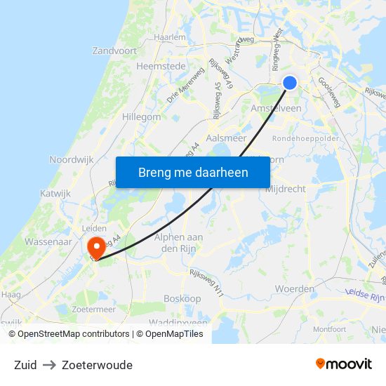 Zuid to Zoeterwoude map