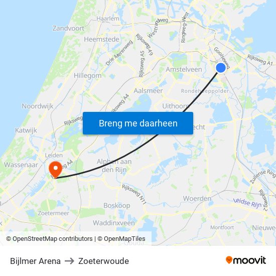 Bijlmer Arena to Zoeterwoude map