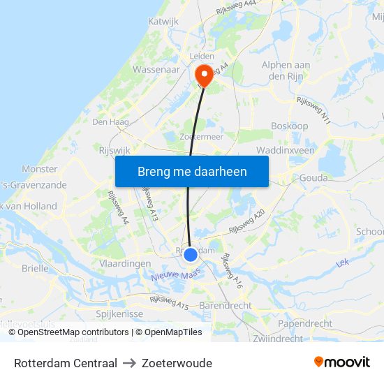 Rotterdam Centraal to Zoeterwoude map