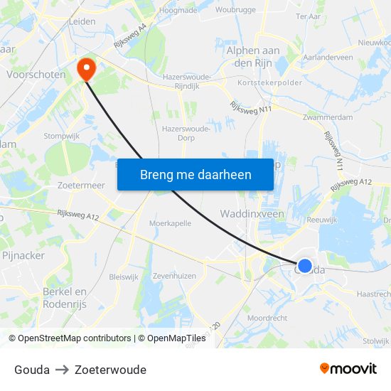 Gouda to Zoeterwoude map