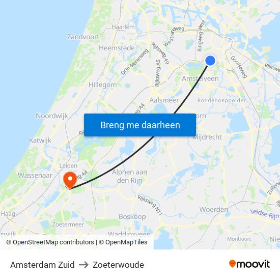 Amsterdam Zuid to Zoeterwoude map