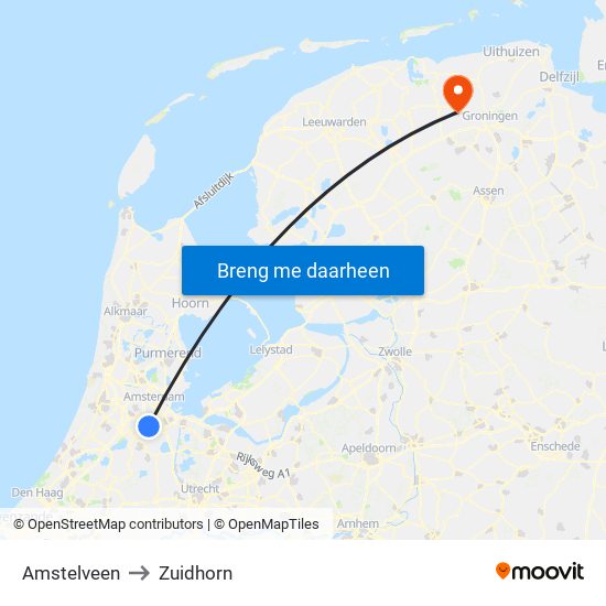 Amstelveen to Zuidhorn map