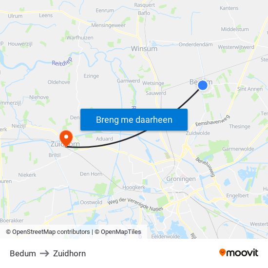 Bedum to Zuidhorn map