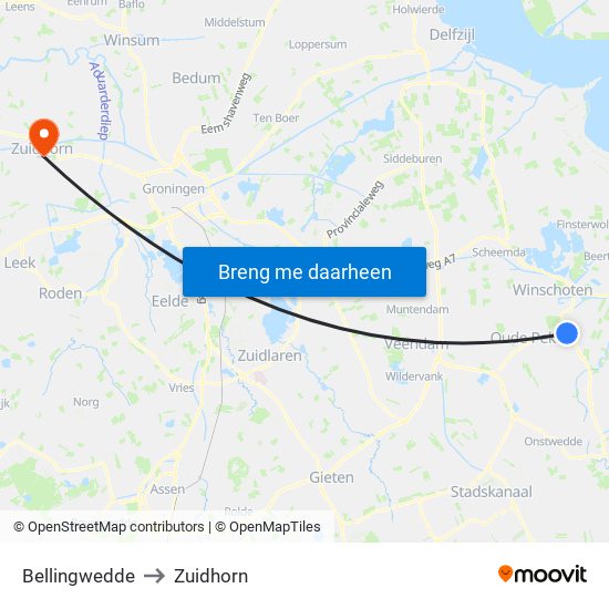 Bellingwedde to Zuidhorn map