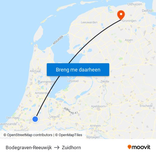 Bodegraven-Reeuwijk to Zuidhorn map
