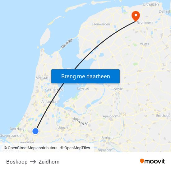 Boskoop to Zuidhorn map